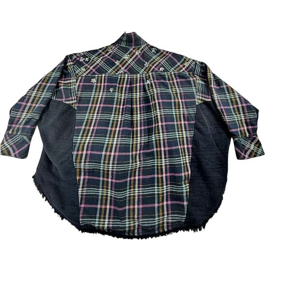 Free People Charcoal Gray Plaid Embellished w/ Sequin Stars Shirts Sz Small - Picture 3 of 7